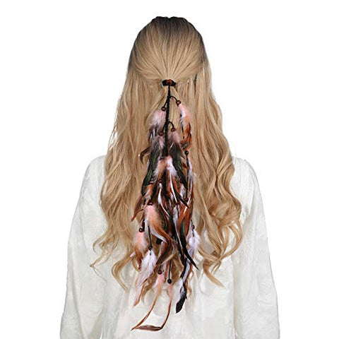 Hippie Feather Extension Hair Ties - AWAYTR Boho Feather Crown Elastic Gypsy Festival Headband Indian Hair Accessories 1970s (White + dark brown)