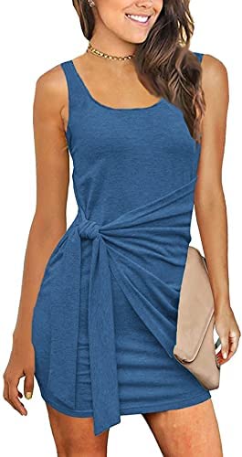 Women Sleeveless Ruched Tie Waist Sundress Tank Bodycon Mini Dress Basic Party Club Shirt Dress