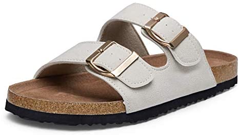mysoft Womens Slide Sandals Cork Footbed，2 Straps Adjustable Buckle Slip on Sandals with +Comfort Arch Support