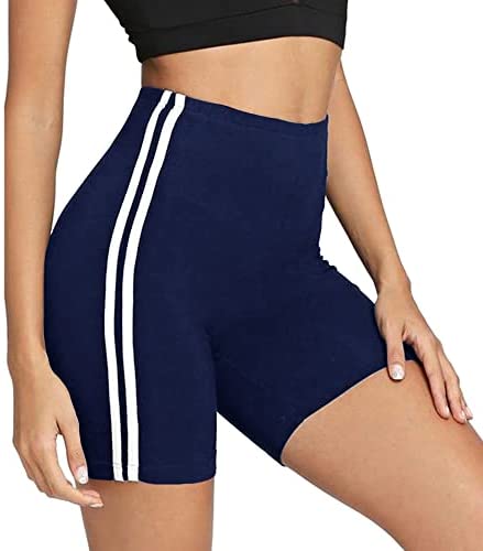 Women's High Waist Workout Yoga Shorts Striped Print Active Biker Shorts Stretch Jersey Pajama Running Short