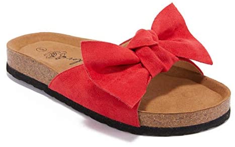 Ruanyu Womens Flat Slide Sandals Open Toe Bowknot Espadrille Slip On Comfortable Cork Sandals