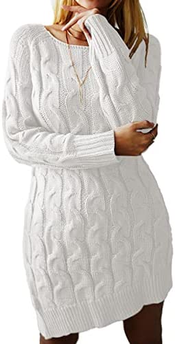 Sweater Dress for Women Long Sleeve Cable Knit Casual Crew Neck Mini Dress Warm Chunky Sweater Pullover