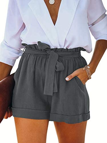 Womens Cotton Linen High Waisted Paper Bag Shorts Lightweight Summer Beach Lounge Shorts with Pockets