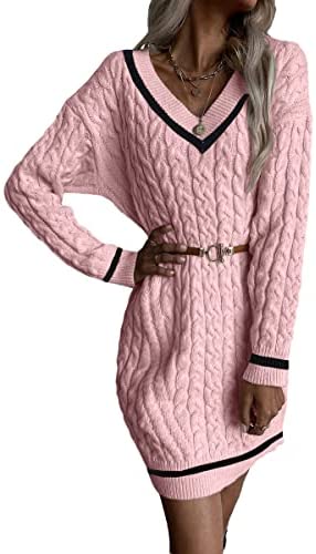 Dyexces Womens Cable Knit Sweater Dress Long Sleeve V Neck Mini Knit Dresses Without Belt Loose Casual Sweaters