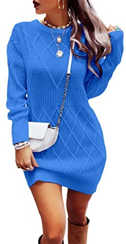 Womens Sweater Dress Long Sleeve Diamond Knit Pullover Sexy Slim Fit Crewneck Mini Dress
