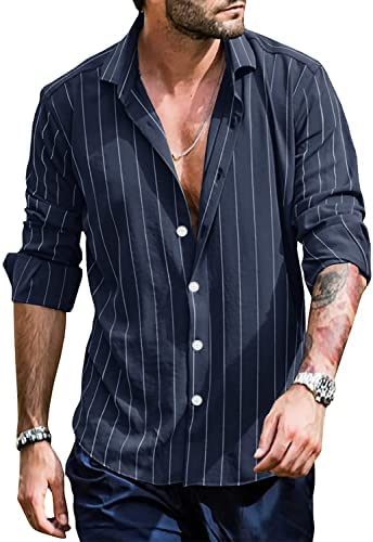 Men's Striped Long Sleeve Shirts Button Down Casual Roll Up Sleeve V Neck Beach T-Shirts Linen Tops