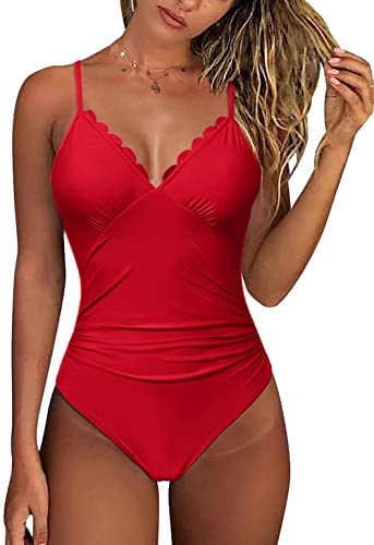 Zwurew Women Scallop Trimmed One Piece Swimsuit Solid Swimwear Monokini Bather Bathing Suit Beachwear