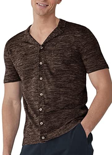 Mens Button Down Shirts Knitted Short Sleeve Casual Lapel V Neck Loose Fit Lightweight Tops with Chest Pocket