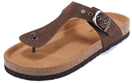 Womens Thong Sandals Slip-On Flats Adjustable T Strap Buckle Footbed Flip-Flop Cork Shoes