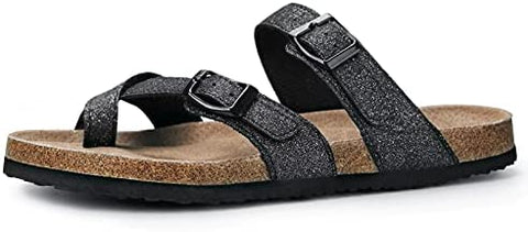 mysoft Women's Cork Footbed Sandal Slip On, Double Buckle Slide Sandals with +Comfort Arch Support