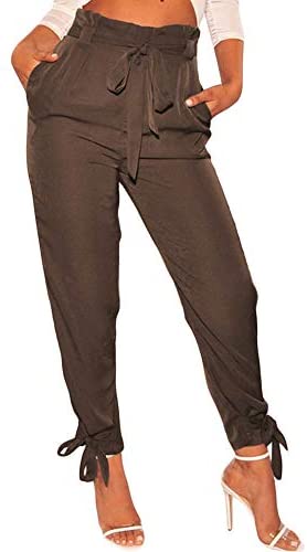 Women's High Waist Belt Wrapped Leg Pants Casual Comfy Slim Trousers