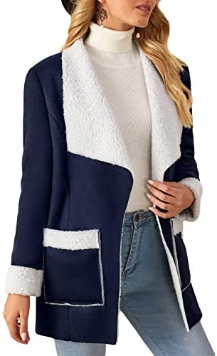 Women's Open Front Long Sleeve Blends Coat Lapel Casual Solid Color Fashion Outwear with Pockets