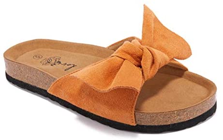 Ruanyu Womens Flat Slide Sandals Open Toe Bowknot Espadrille Slip On Comfortable Cork Sandals