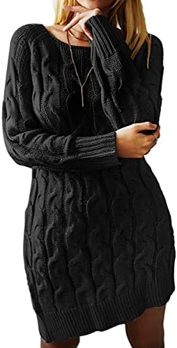Sweater Dress for Women Long Sleeve Cable Knit Casual Crew Neck Mini Dress Warm Chunky Sweater Pullover