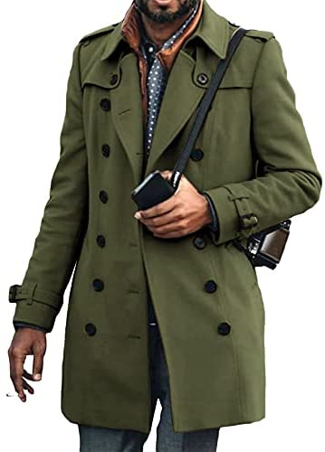 Mens Long Double Breasted Trench Coat Notch Lapel Collar Solid Color Windbreaker Waterproof Jacket Overcoat Outwear