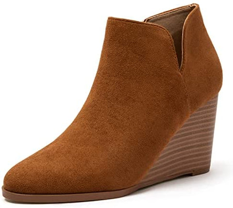 Katliu Women's Wedge Heel Booties Peep Toe Ankle Boots Side Zipper Suede Ankle Boots