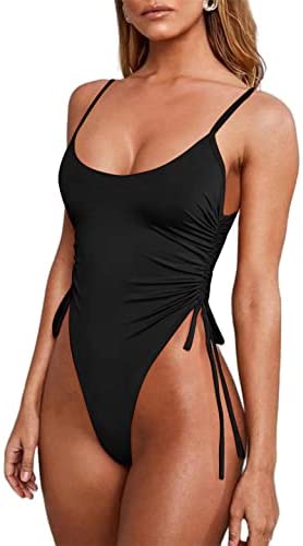 Zwurew Women's Scoop Neck Drawstring Swimwear One Piece Swimsuit Solid Bodysuit Monokini Bather Bathing Suit Beachwear