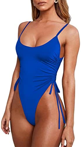 Zwurew Women's Scoop Neck Drawstring Swimwear One Piece Swimsuit Solid Bodysuit Monokini Bather Bathing Suit Beachwear