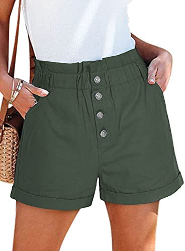 Women's 100% Cotton Teen Girls High Waist Front Buttons Summer Beach Rolled Casual Shorts with Pockets