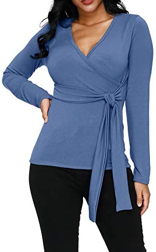 Zumla Women Tops Long Sleeve Casual Fall Sexy Wrap V Neck Blouse for Work Tie Front
