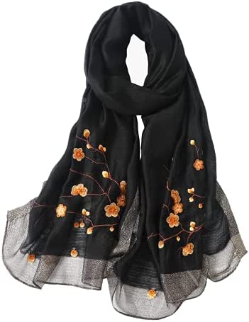 WINCESS YU Women Mulberry Silk Scarf Long & Large Embroidered Floral Pattern Shawl and Wraps Neckerchief for Hair & Neck