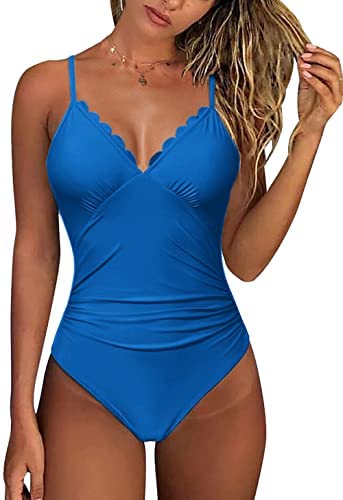 Zwurew Women Scallop Trimmed One Piece Swimsuit Solid Swimwear Monokini Bather Bathing Suit Beachwear