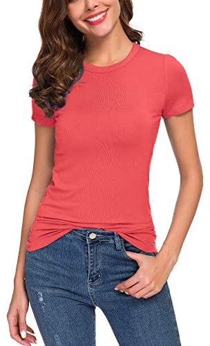 Women's Crewneck Slim Fitted Short Sleeve T-Shirt Stretchy Bodycon Basic Tee Tops