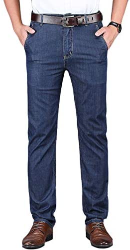 Men's Summer Thin Stretch Relaxed Straight Leg Casual Mid Waist Business Denim Pants