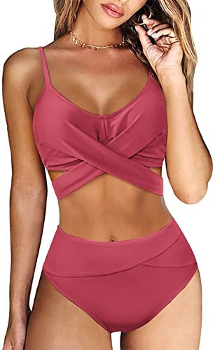Zwurew Womens Cross Front High Waist Bikini Set Swimsuit Two Piece Lace Up Swimwear Bathing Suit