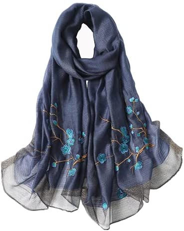 WINCESS YU Women Mulberry Silk Scarf Long & Large Embroidered Floral Pattern Shawl and Wraps Neckerchief for Hair & Neck