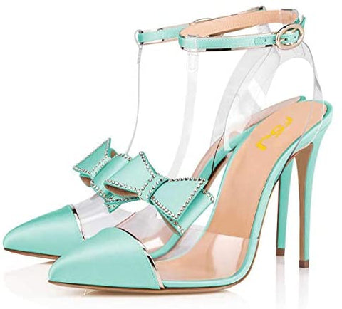 FSJ Women Clear T Strap Pointed Toe Stiletto High Heels Dress Pumps Sandals with Rhinestones Studded Bows Size 4-15 US