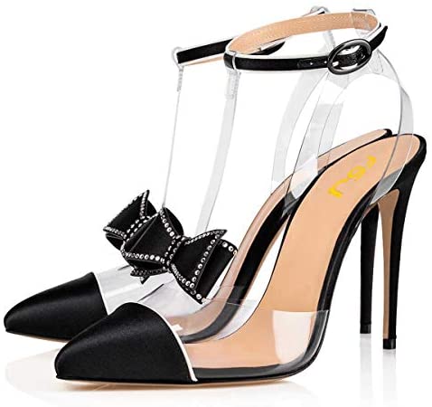 FSJ Women Clear T Strap Pointed Toe Stiletto High Heels Dress Pumps Sandals with Rhinestones Studded Bows Size 4-15 US
