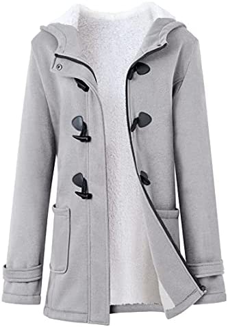 Women's Fuzzy Fleece Pea Coat Winter Casual Zip Up Button Jacket Fashion Warm Long Sleeve Hooded Outerwear with Pockets