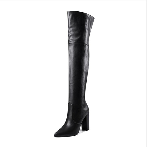WAYDERNS Women's Winter Pointed Toe Block High Heel Zipper Thigh High Fur Lining Boots 4 Inch