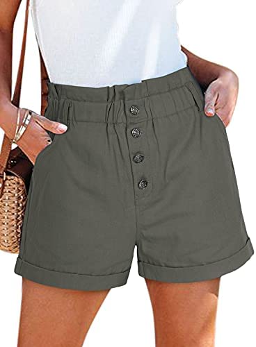 Women's 100% Cotton Teen Girls High Waist Front Buttons Summer Beach Rolled Casual Shorts with Pockets