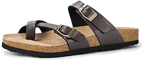 mysoft Women's Cork Footbed Sandal Slip On, Double Buckle Slide Sandals with +Comfort Arch Support