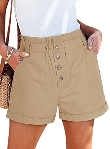Women's 100% Cotton Teen Girls High Waist Front Buttons Summer Beach Rolled Casual Shorts with Pockets