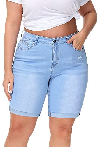 Plus Size Denim Shorts Women High Waisted Ripped Folded Hem Jean Shorts