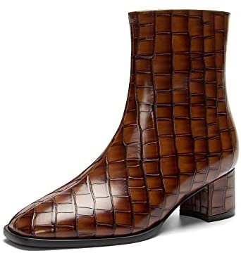 WAYDERNS Women's Square Toe Microfiber Zip Crocodile Print Chunky Low Heel Ankle High Boots 2 Inch