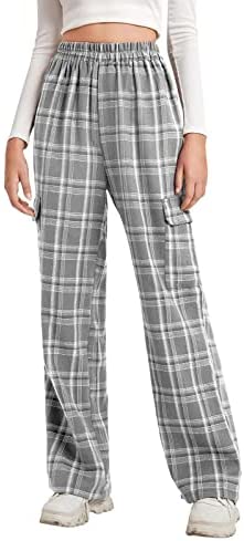 Womens Plaid Casual Pants High Elastic Waist Stripe Lightweight Trousers with Two Flap Pockets