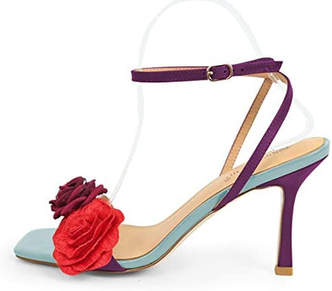 FSJ Women High Heels Sandals Stiletto Ankle Strap Open Square Toe Special Dress Evening Unique Flowers Shoes Size 4-15 US
