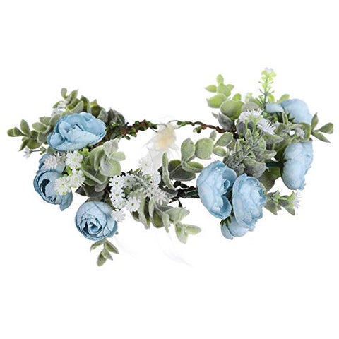 Flower Crown Headband Hair Garland - Bohemian Flower Headdress Hair Wreath Adjustable Halo Floral Headpiece for Women Girls Wedding Festival (Blue #1)