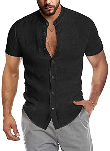 Men's Casual Cotton Shirts Mandarin Collar Short Sleeve Button Down Shirt