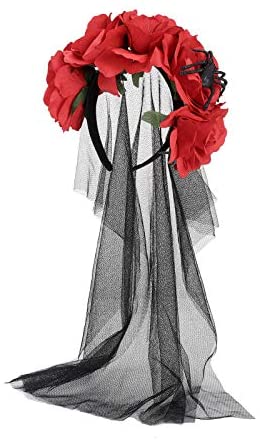 AWAYTR Halloween Spider Rose Flower Headband Veil Leave Rose Large Spider Flower Crown Headdress for Women Girls