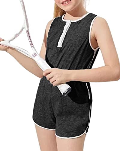 Girls Kids Casual Sleeveless Shorts Jumpsuit Crewneck Henley Solid Loose Fit Cute One Piece Rompers Outfits