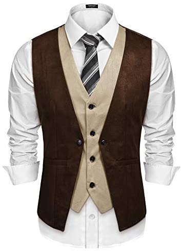 Men's Suede Leather Vest Layered Style Dress Vest Waistcoat