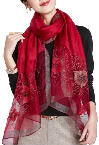 WINCESS YU Women Mulberry Silk Scarf Long & Large Embroidered Floral Pattern Shawl and Wraps Neckerchief for Hair & Neck