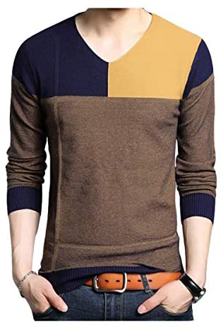 Men's Casual V Neck Pullover Sweater Classic Color Block Long Sleeve Knit Shirt