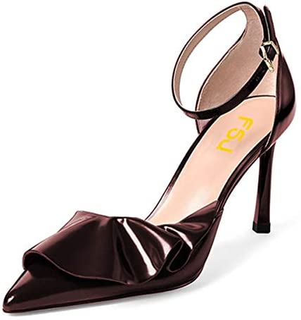 FSJ Women Fashion High Stiletto Heel Pumps Ankle Strap Adjustable Buckle Sandals Pointed Closed Toe Patent Leather Ladies Girls Prom Party Summer Dress Shoes with Ruffles Size 4-15 US