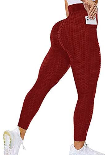 Women's Bubble Hip Butt Lifting High Waist Leggings Honeycomb Textured Tummy Control Yoga Pants Pocket Sport Tights